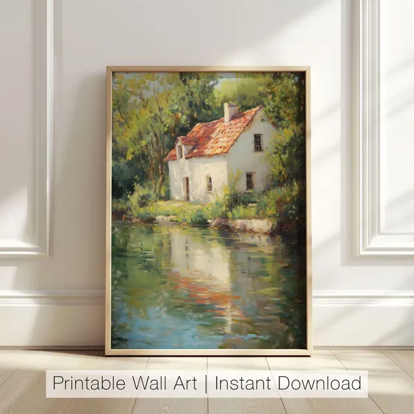 Cottage Lake Art Print, Rustic Landscape Decor