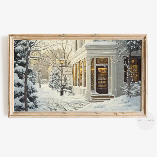 Winter Bookstore Art Print, Cozy Vintage Bookish Decor