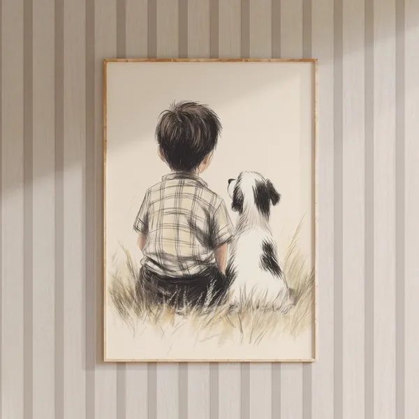 Boy and Dog Nursery Animal Sketch Art Print