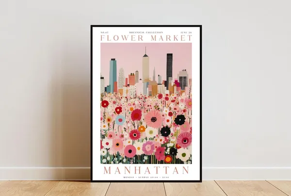 Manhattan Flower Market Botanical Travel Poster