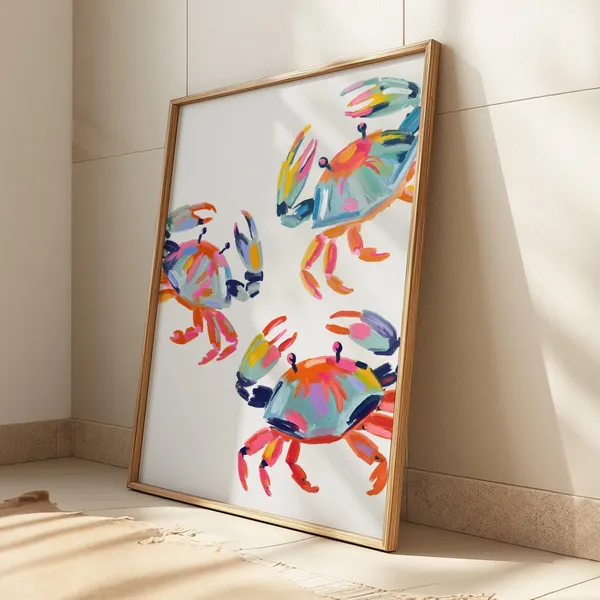 Colorful Crab Coastal Wall Art Print, Beachy Abstract
