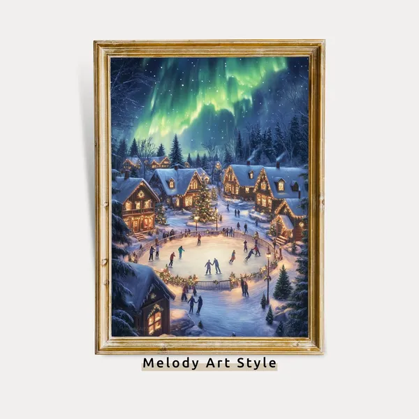Northern Lights Christmas Village Poster, Ice Skating Rink