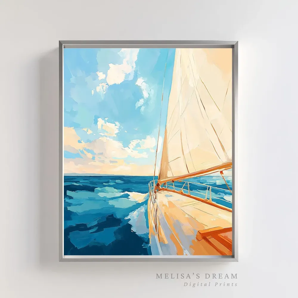 Sailboat Ocean Sunrise, Pastel Coastal Art Print