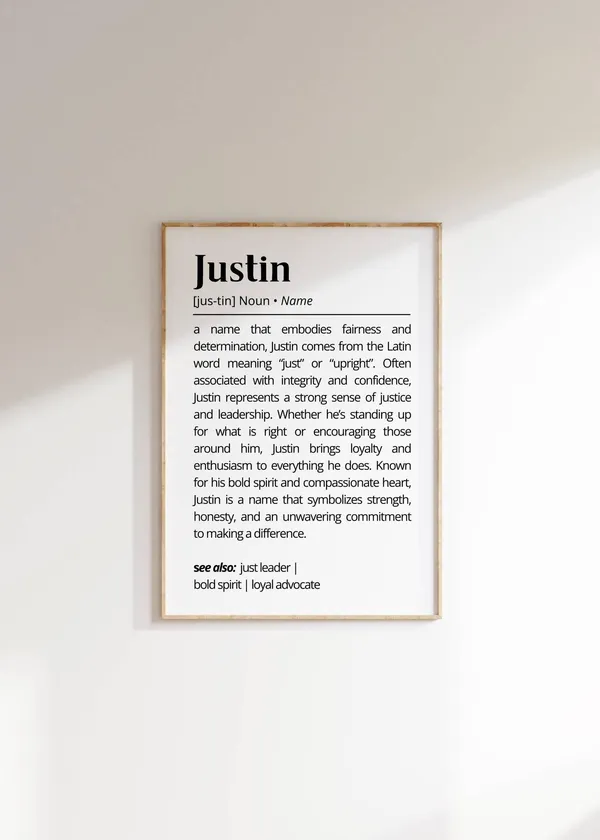Justin Name Definition Personalized Minimalist Poster