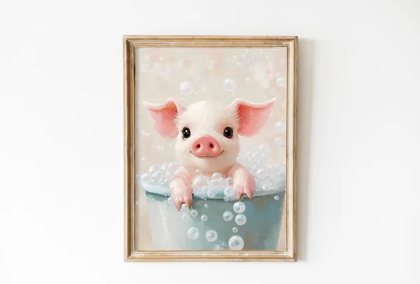 Pink Pig Bubble Bath, Vintage Bathtub Art Print