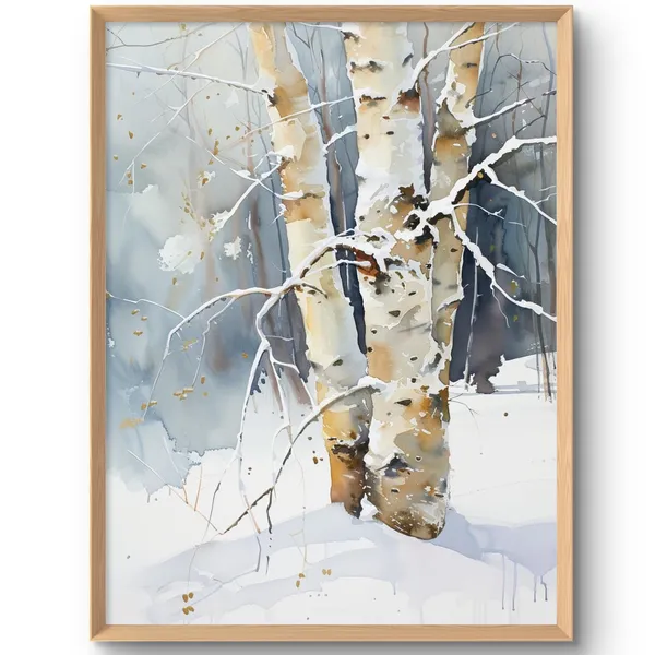 Birch Winter Landscape Watercolor-Style Art Print