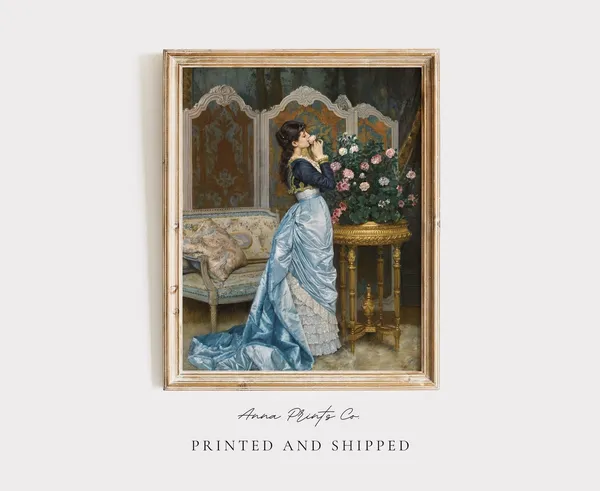 Young Woman Smelling Roses, Vintage Victorian Art Print