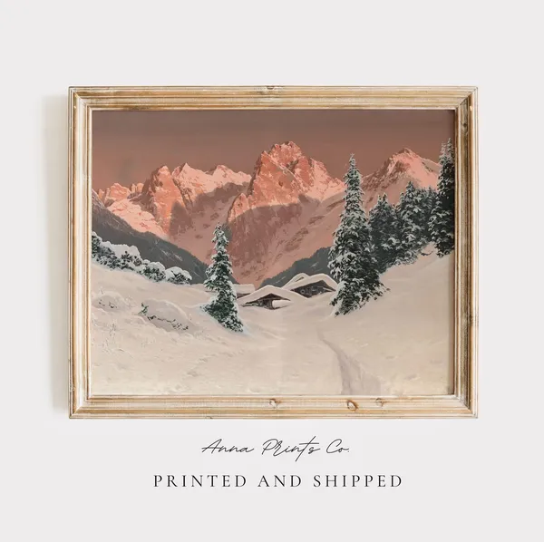 Vintage Winter Mountain Sunset Christmas Art Print