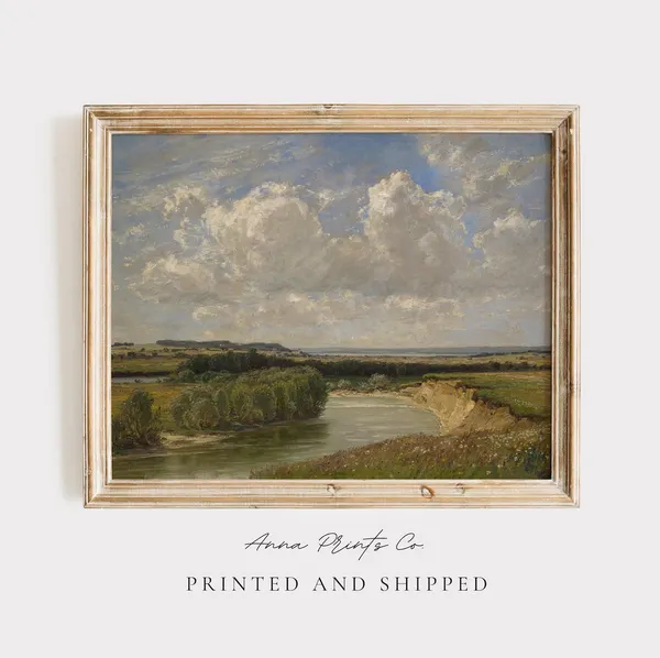 Vintage River Landscape, Victorian Art Print