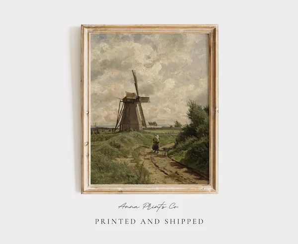 Antique Dutch Windmill Vintage Landscape Art Print
