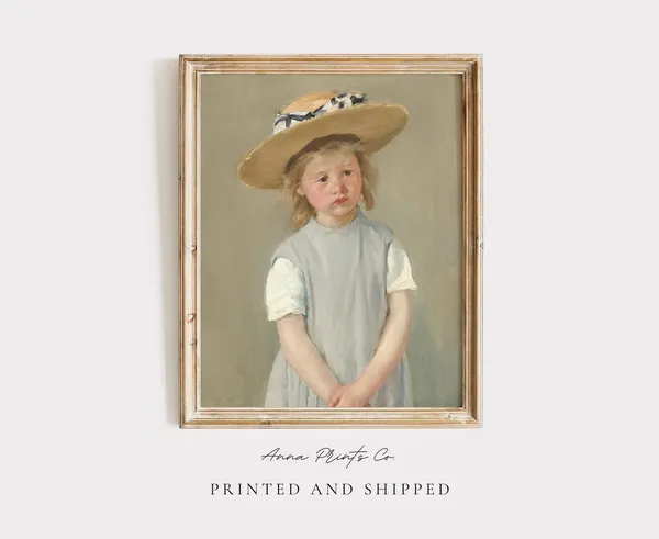 Victorian Child in a Straw Hat, Cottage Farmhouse Art Print