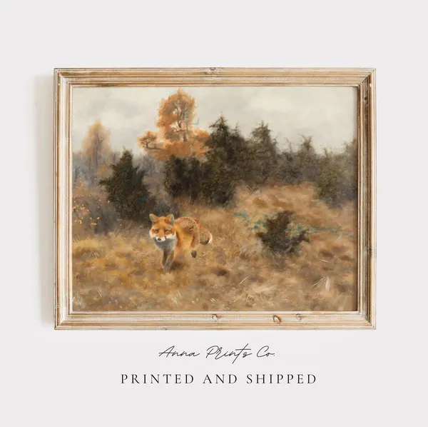Antique Fox in Autumn Landscape, Vintage Art Print