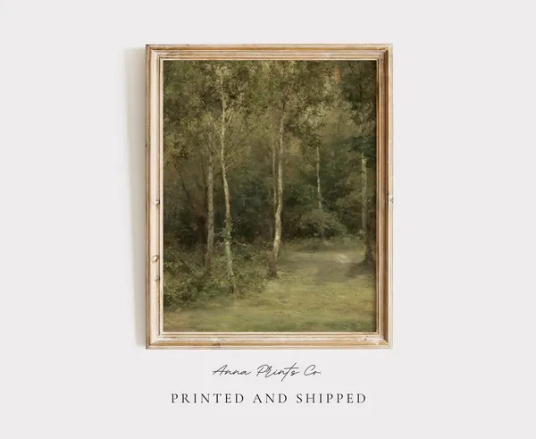 Antique Green Forest Landscape Art Print, Vintage Victorian