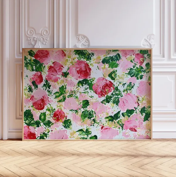 Pink Flowers Oil Painting Print, Abstract Modern Art