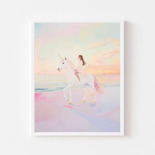 Girl Riding Unicorn, Whimsical Pastel Fantasy Art Print
