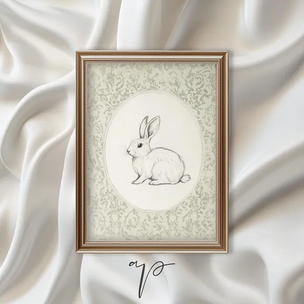 Cute Bunny Art, Green Spring Nursery Decor Print