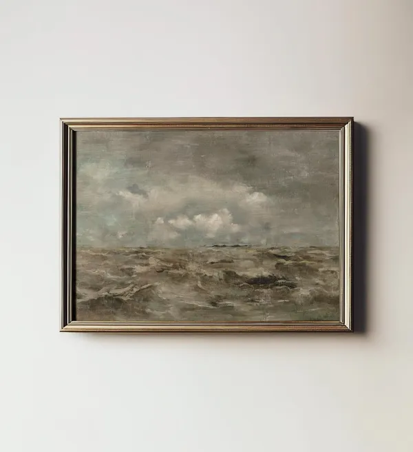 Moody Seascape Painting, Rustic Coastal Farmhouse Art