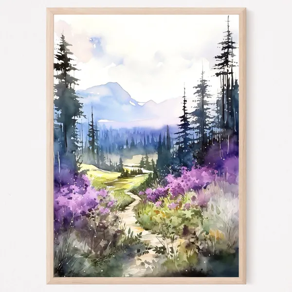 Field Of Wildflowers And Mountains Path Watercolor Art Print