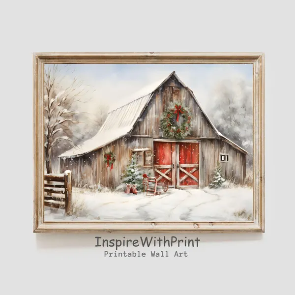 Christmas Country Farmhouse Art Print, Rustic Barn