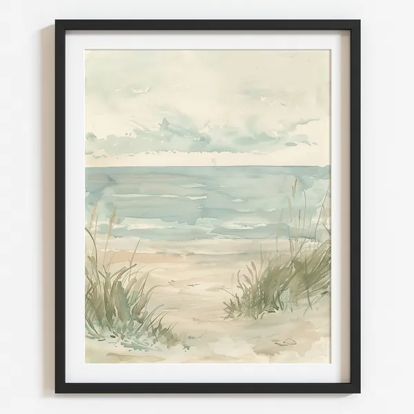 Neutral Beach Watercolor Art Print, Summer Seascape