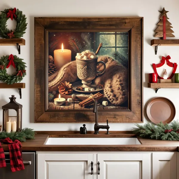 Hot Cocoa Vintage Holiday Art Print, Rustic Winter