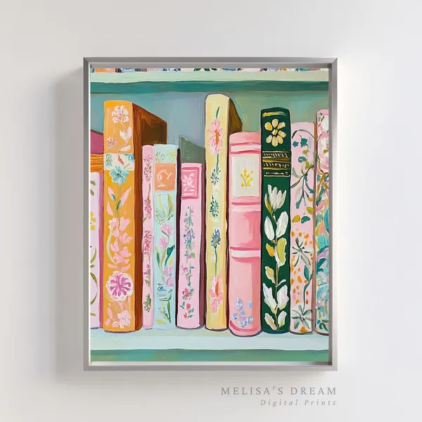 Pastel Book Stack Painting, Whimsical Art Print
