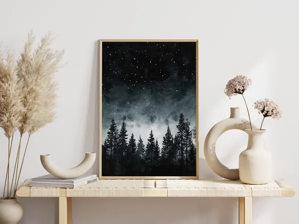 Nordic Forest Poster, Dark Night Trees and Stars