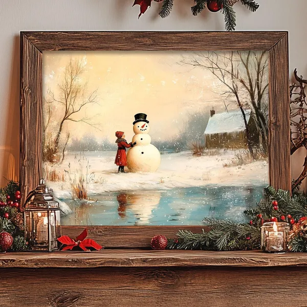 Vintage Winter Snowman Rustic Landscape Art Print
