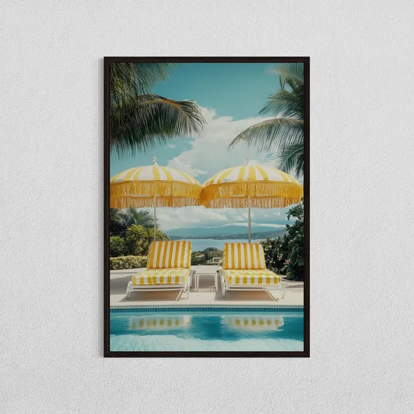 Yellow Striped Umbrella Poolside Tropical Art Print