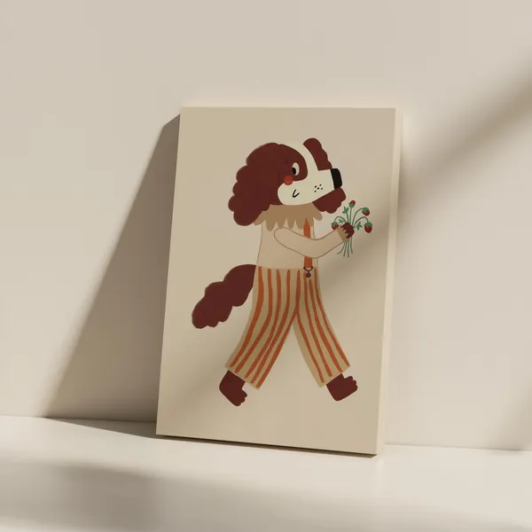 Whimsical Dog With Flowers Nursery Art Print