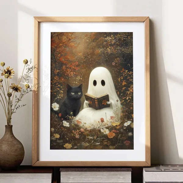 Cute Ghost Reading With Black Cat, Whimsigoth Poster