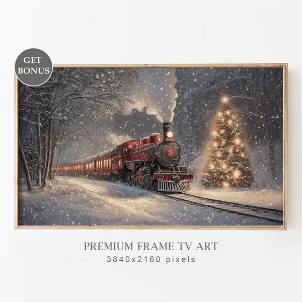 Vintage Christmas Train Art Print, Neutral Winter Scene