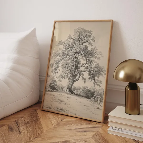 Oak Tree Sketch Print, Neutral Vintage Farmhouse Art