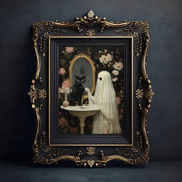 Ghost and Black Cat Bathroom Whimsigoth Art Print