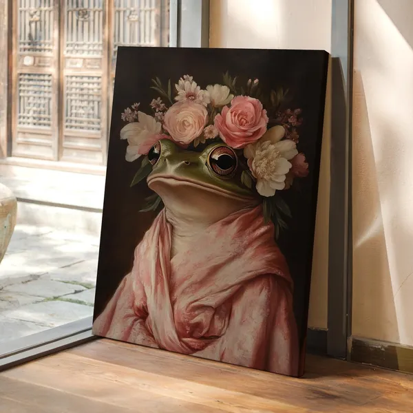Whimsical Frog Portrait, Floral Crown Cottagecore Art