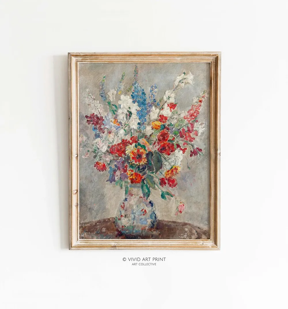 Vintage Floral Still Life, Farmhouse Art Print