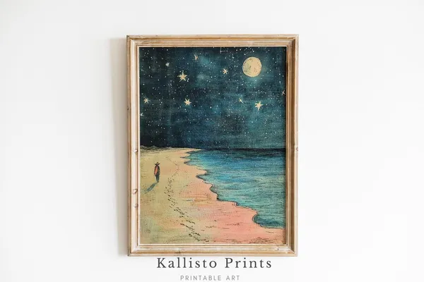 Starry Night Beach Art Print, Moonlit Shoreline