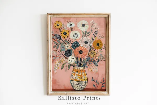 Boho Floral Vase Art Print, Colorful Flower Illustration