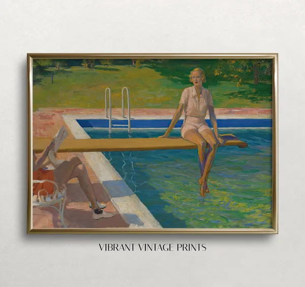 Palm Springs Woman on Diving Board, Vintage Art Print
