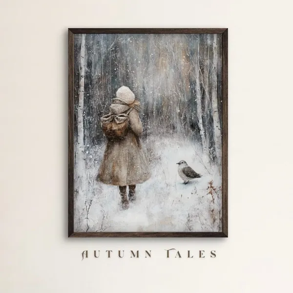 Winter Forest Girl And Bird, Moody Vintage Art Print