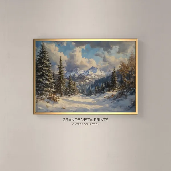 Snowy Mountain Valley Landscape Painting, Winter Wall Art