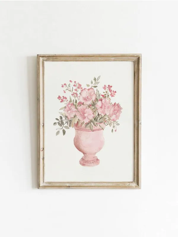 Vintage Pink Flowers Poster, Grandmillennial Floral Decor