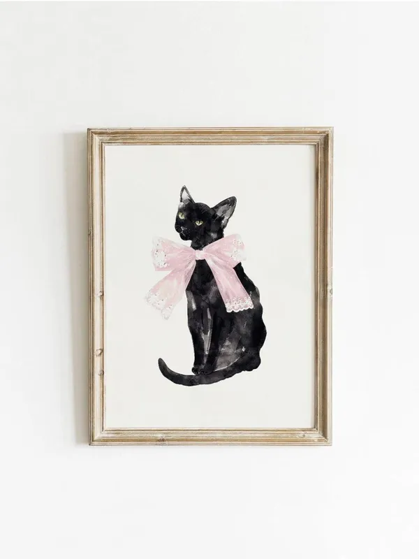 Black Cat Bow Art Print, Vintage Coquette Decor