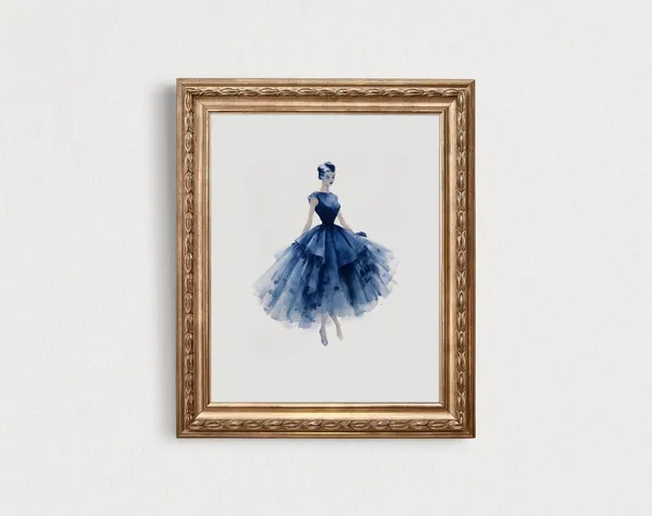 Blue Vintage Fashion Print, Retro Glamour Art Print