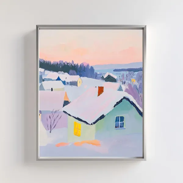 Winter Village Art Print, Snowy Scandinavian Landscape