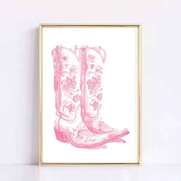 Pink Watercolor Cowboy Boots, Vintage Floral Art Print