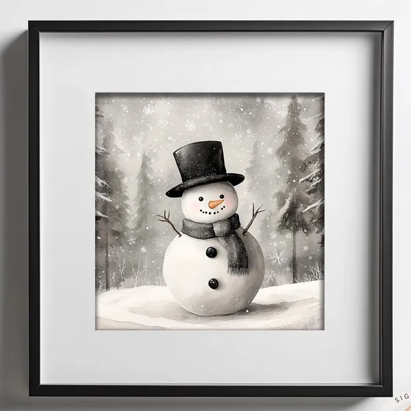 Cheerful Snowman Illustration, Minimalist Christmas Art Print