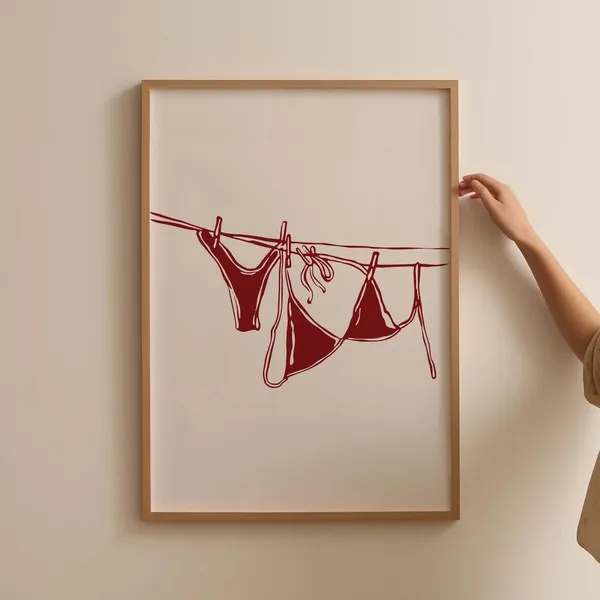 Bikini Hanging Poster, Trendy Coastal Laundry Art