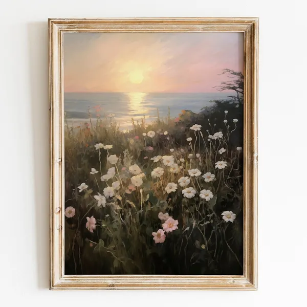 Summer Sunrise Wildflower Beach Print, Vintage Floral