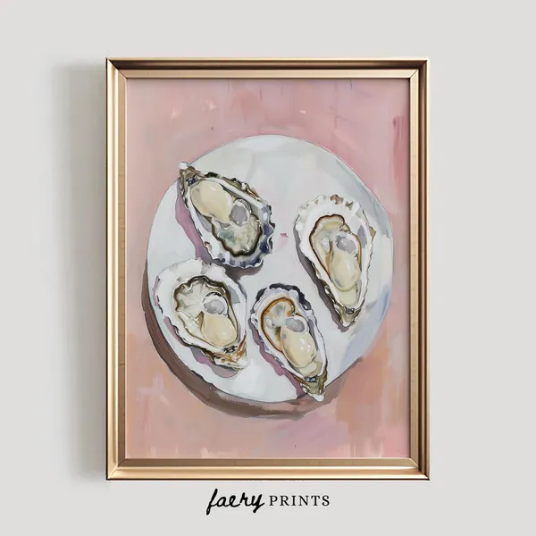 Oysters Art Print, Pink Pastel Coastal Kitchen Decor
